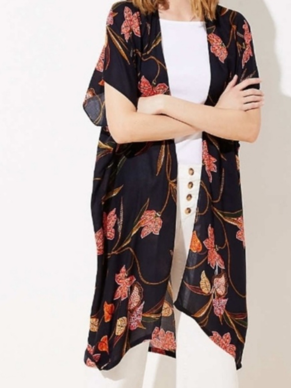 LOFT Tropical Floral Paradise Open Kimono Duster Sz XS/S Beach Hawaiian Summer